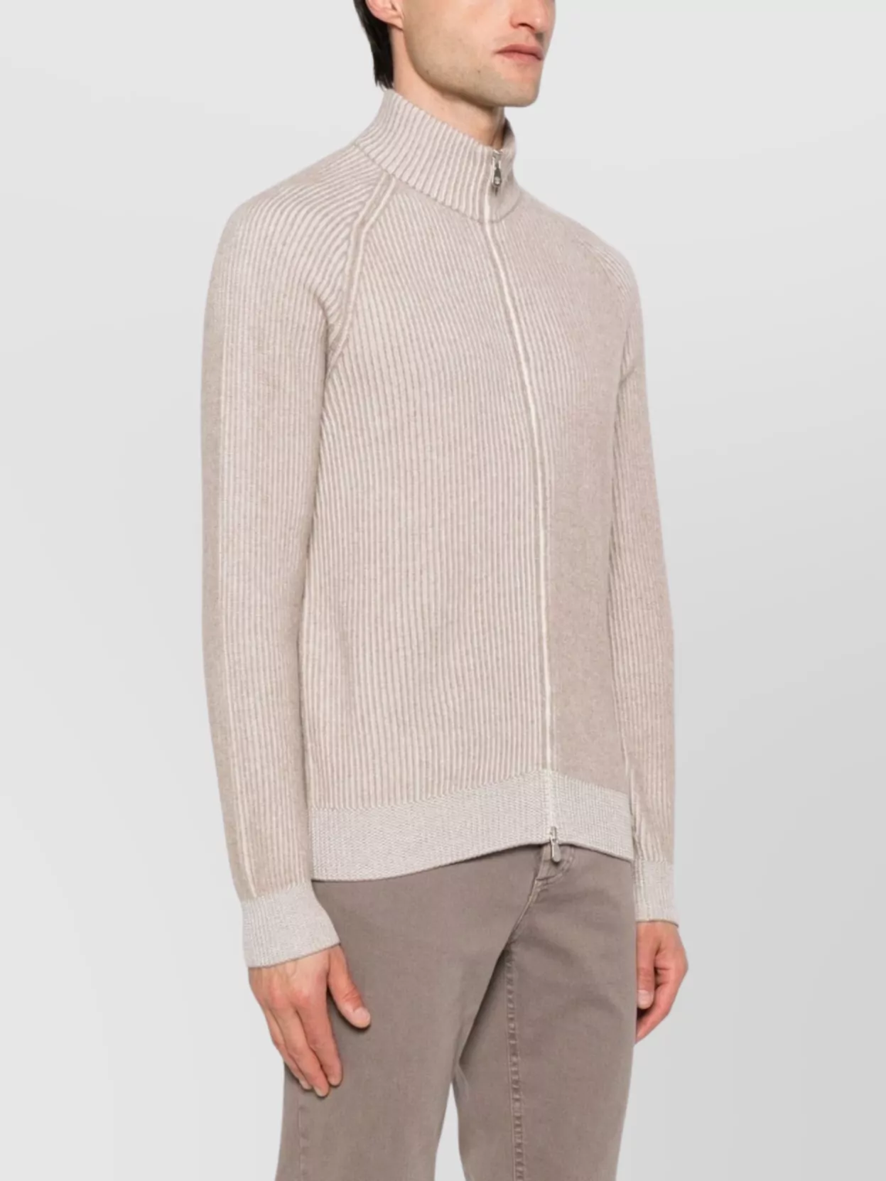 Brunello Cucinelli Cashmere High Neck Zip-Up Cardigan With Ribbed Knit