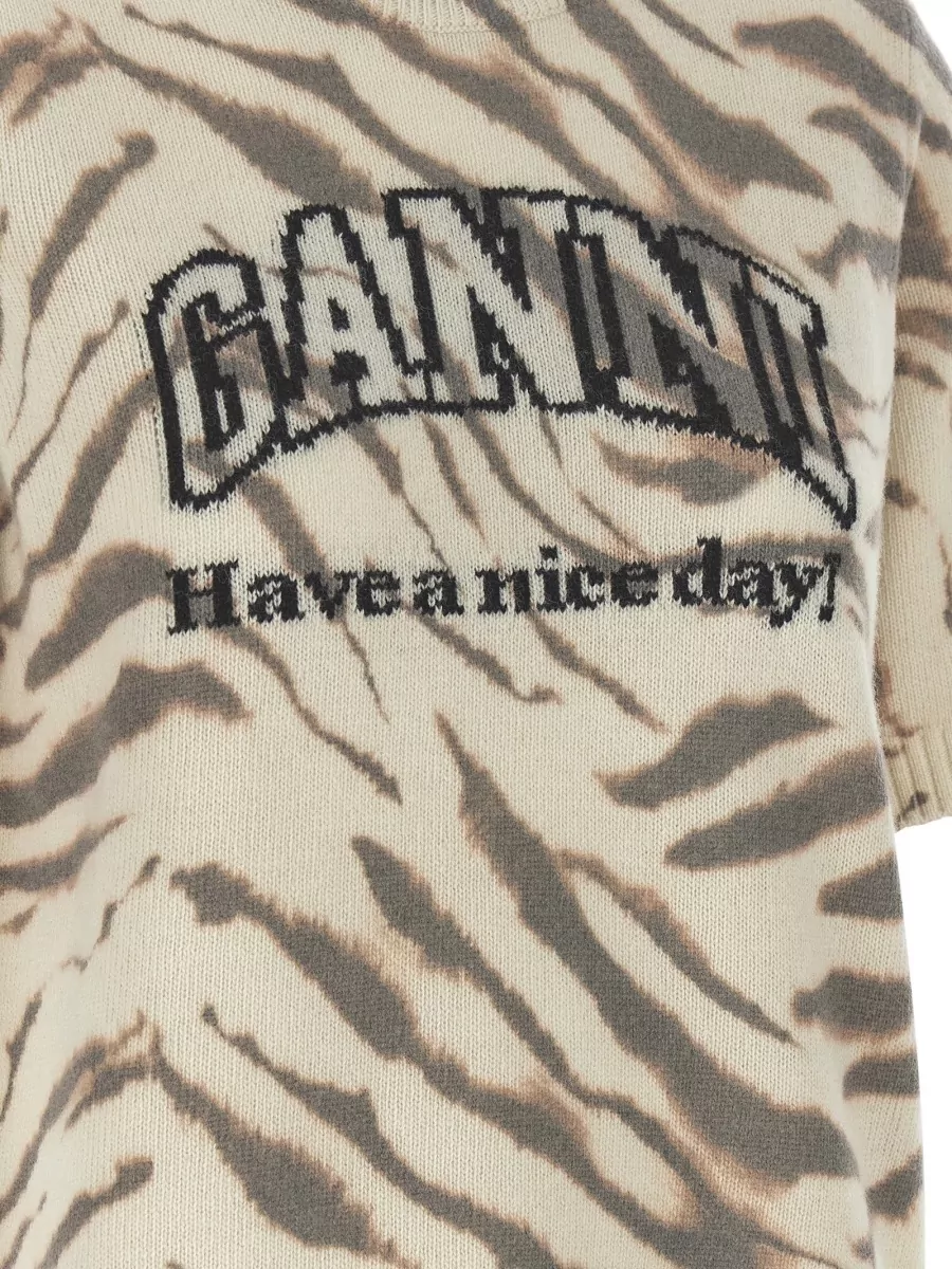 Ganni Wool Logo Intarsia Striped T-Shirt