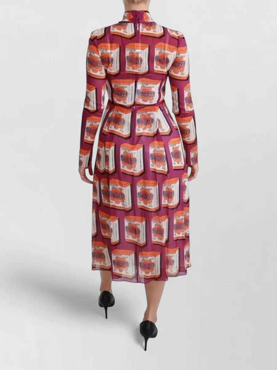 Dolce&Gabbana Silk Printed Tie-Neck Long-Sleeve Midi Dress