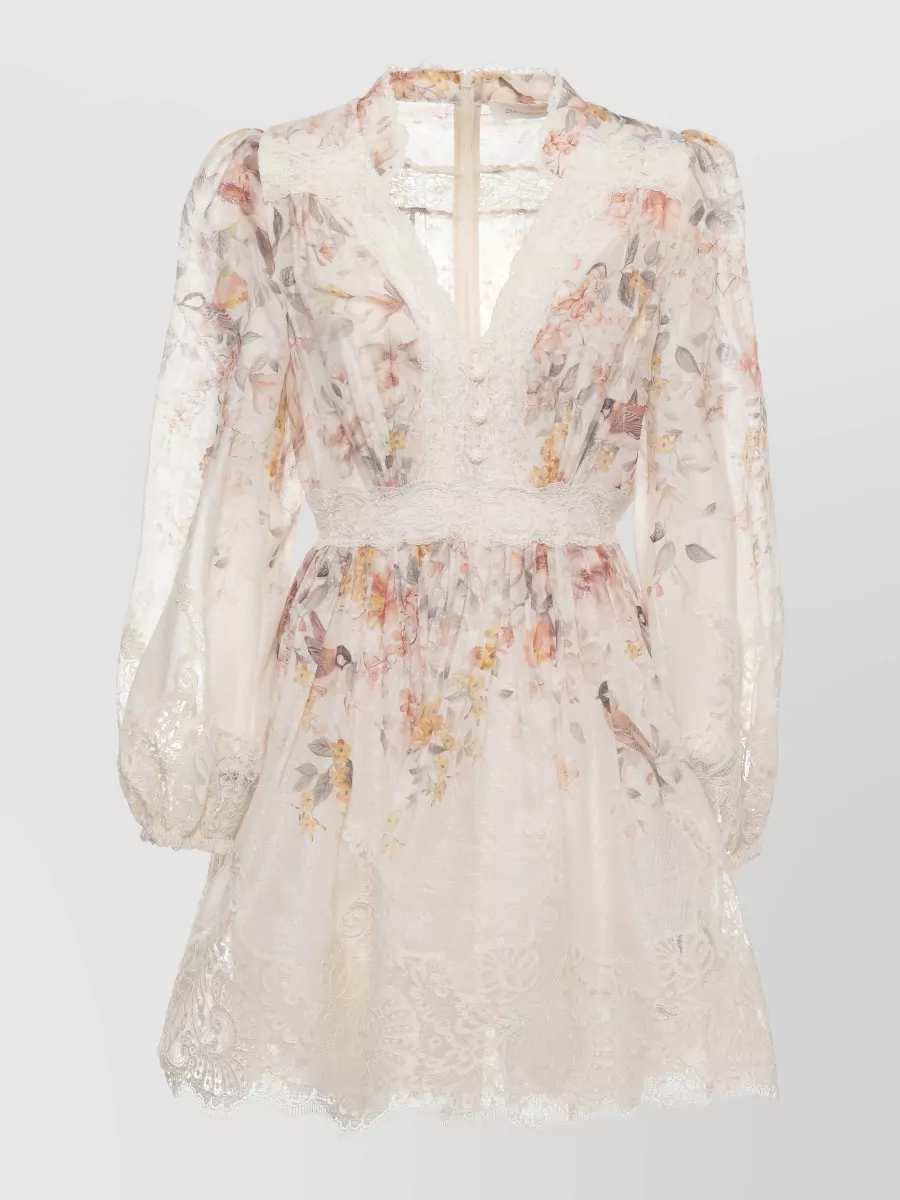 Zimmermann Silk linen lace-trimmed floral-print v-neck long-sleeve mini dress