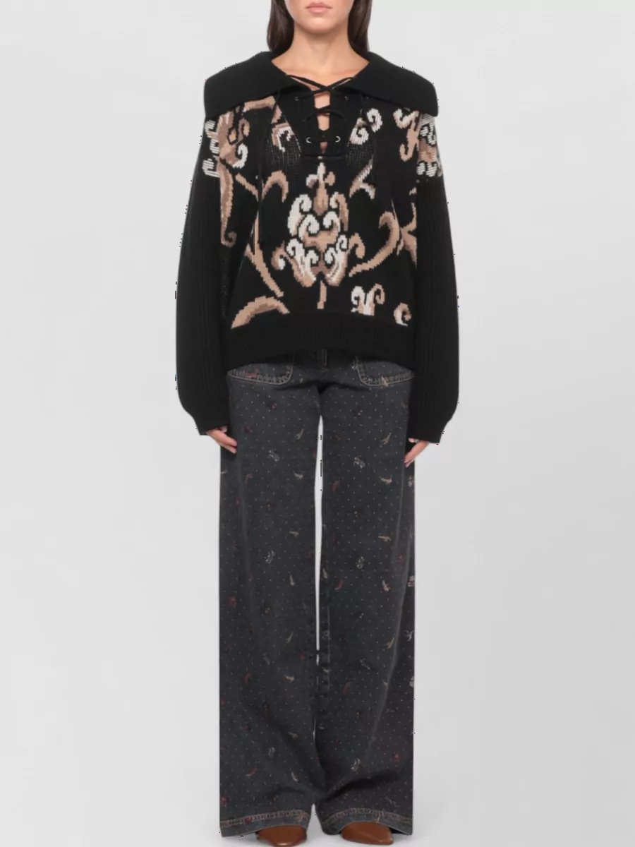 Etro Wool Intarsia-Knit Lace-Up Sweater