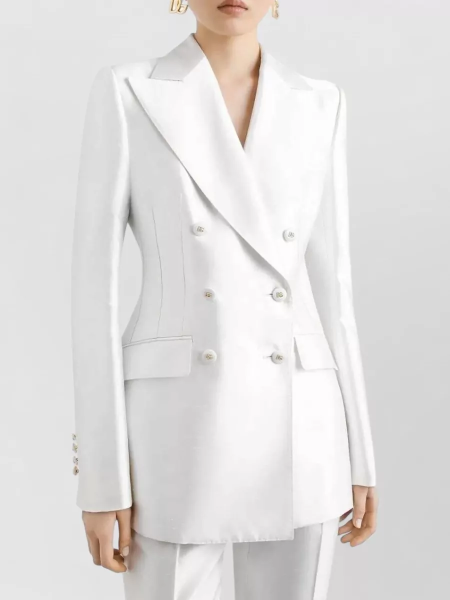 Dolce & Gabbana Stretch Silk Blazer Peak Lapels Structured Shoulders In Silver
