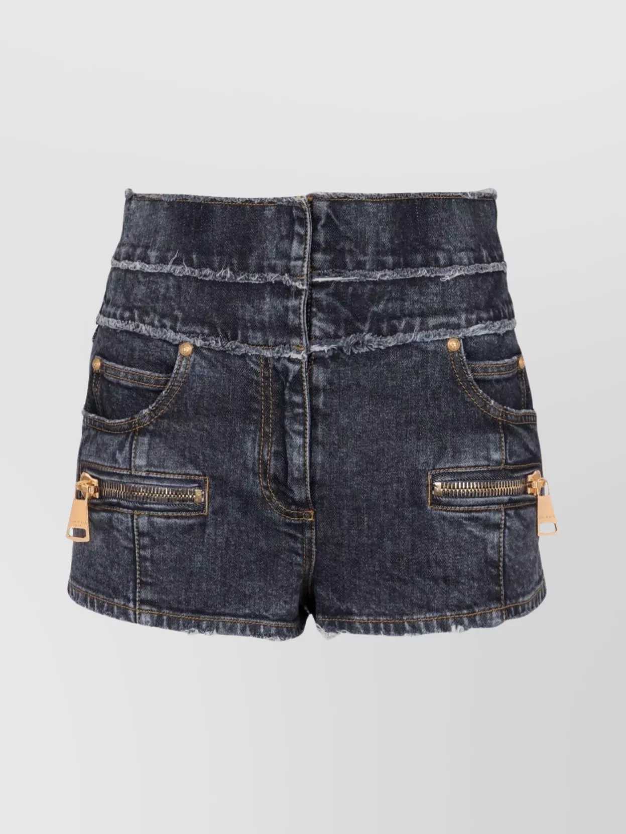 Shop Balmain Denim High Waist Shorts With Front Zip Pockets In Grey