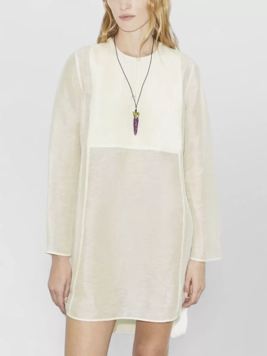 Tory Burch Linen Silk Pleated Long-Sleeve Round-Neck High-Low Knee-Length Dress