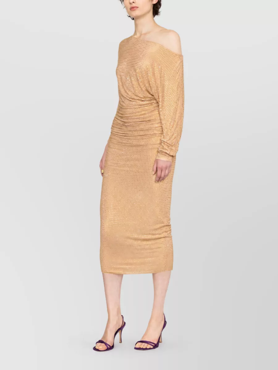 Self-Portrait Rhinestone Mesh Asymmetric Long-Sleeve Midi Dress