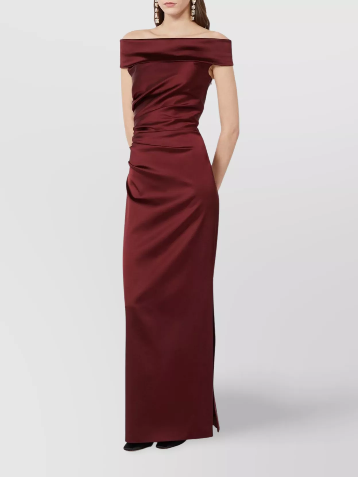 Max Mara Long Dress With Side Slit And Ruching In Burgundy