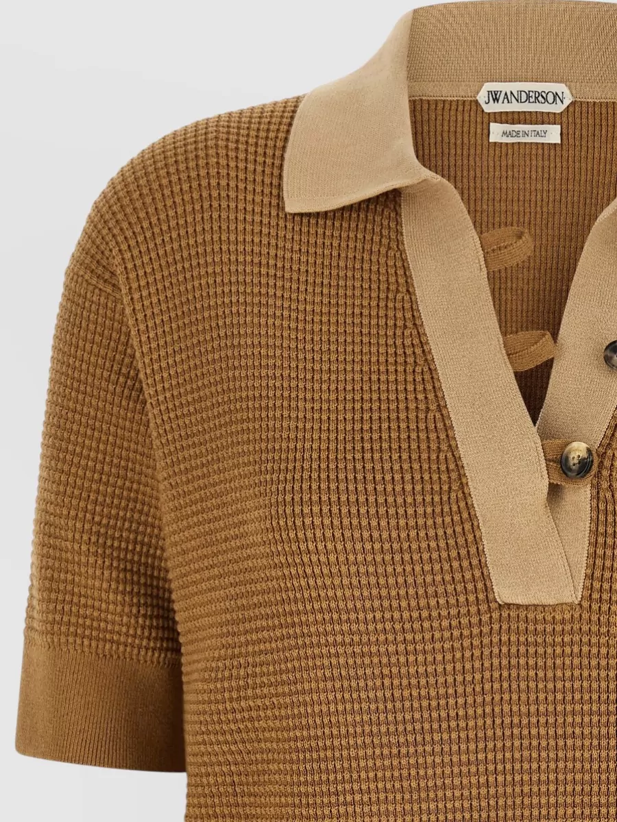 Jw Anderson Cashmere Waffle-Knit Short-Sleeve Polo Top