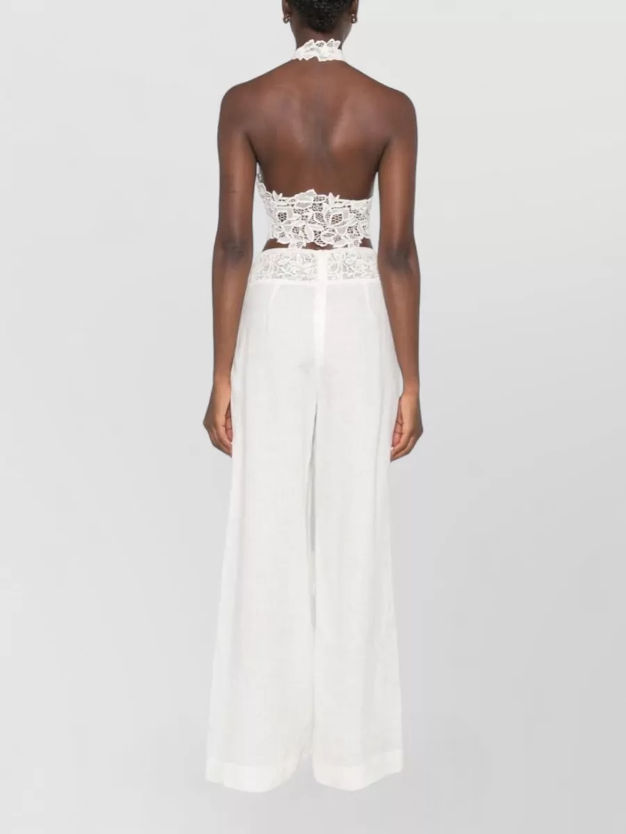 Ermanno Scervino Linen Floral Lace-Trim Halterneck Sleeveless Cropped Top