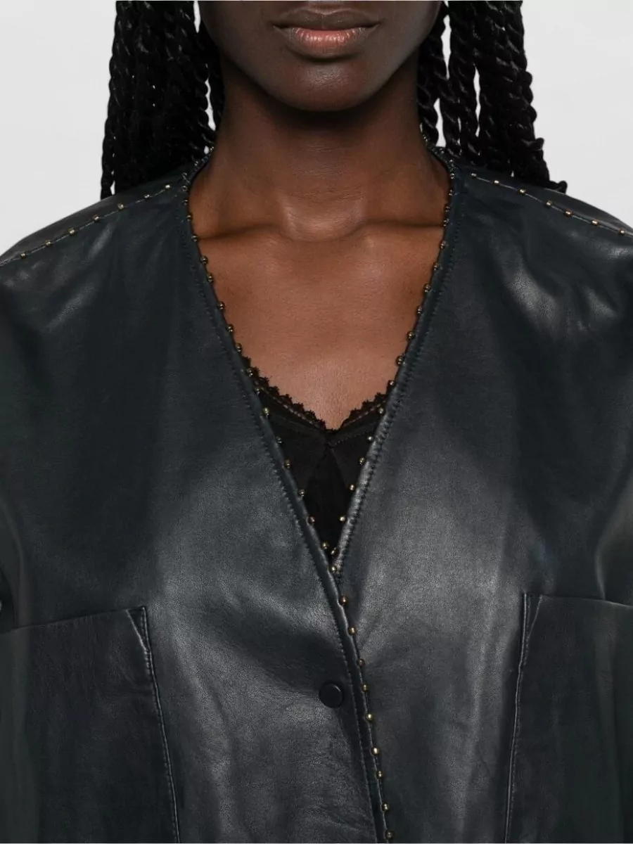 Forte Forte Leather V-Neck Bead-Embellished Jacket