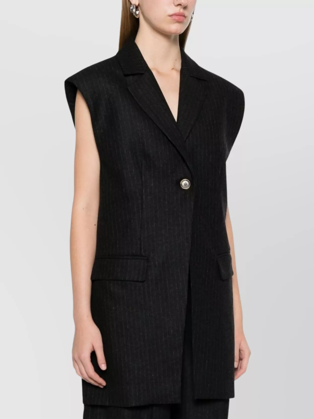 Le Sully Studio Pinstriped Wool Blend Vest With Shoulder Pads