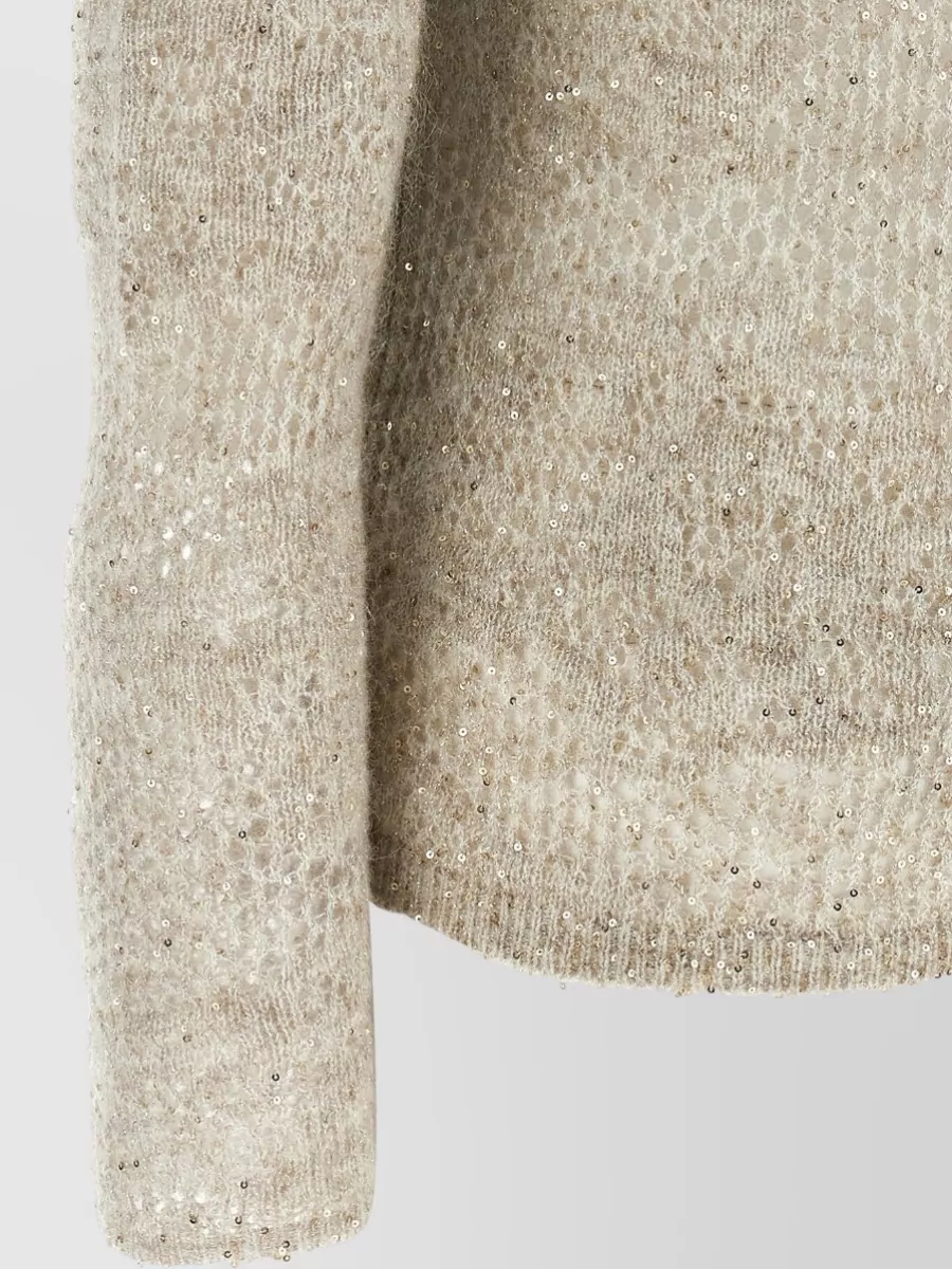 Brunello Cucinelli Flower Lace Sequin Mesh Knit Sweater