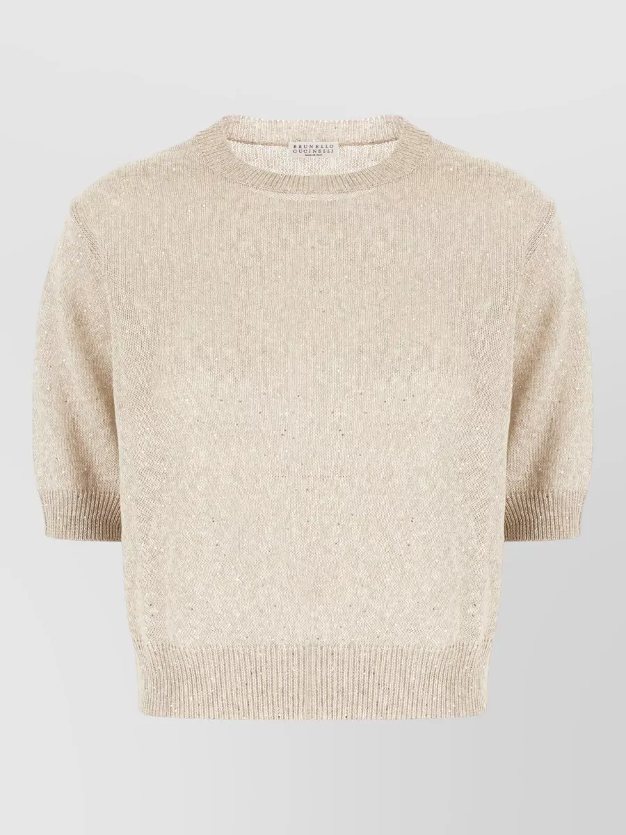 Brunello Cucinelli Linen Blend Sweater Short Sleeves Sequins In Neutral