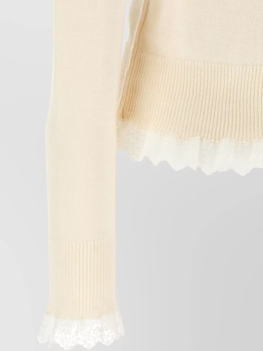 Ganni Merino Wool Ribbed Turtleneck Lace Trim Sweater