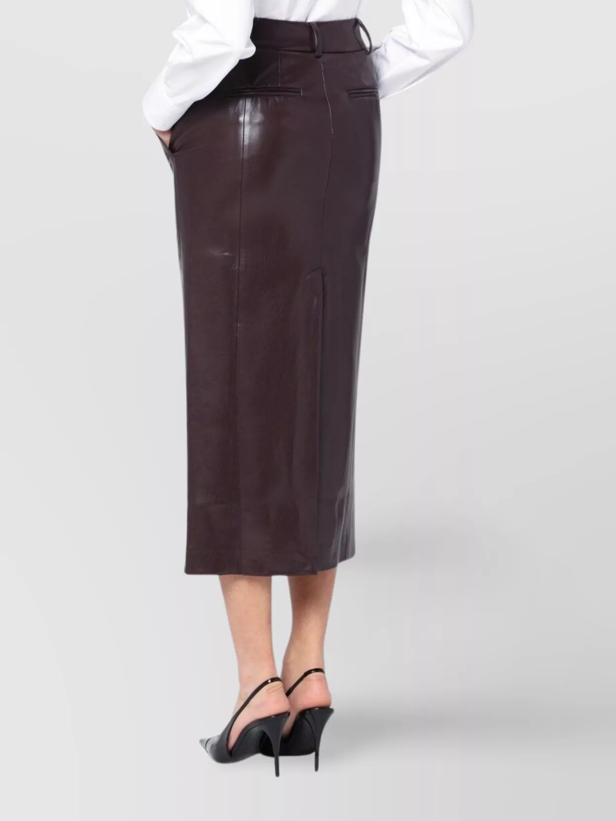 The Andamane Bordeaux Faux Leather Midi Skirt In Brown