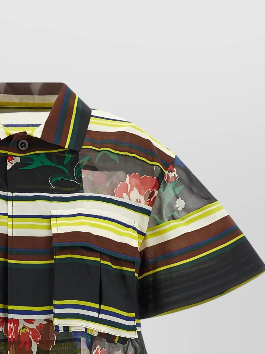 Sacai Striped Floral-Print Short-Sleeve Blouse