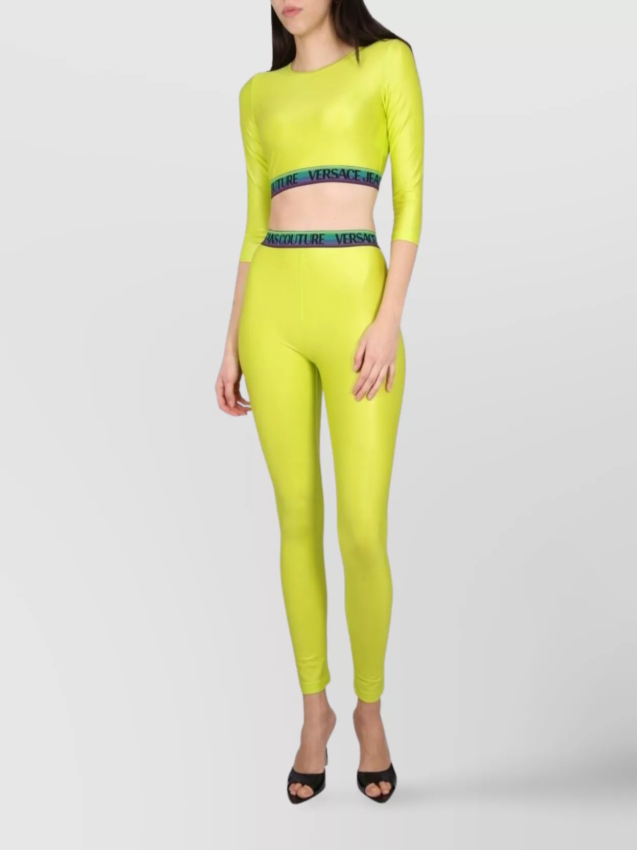 Versace Jeans Couture High-waisted Stretch Leggings Logo In Green