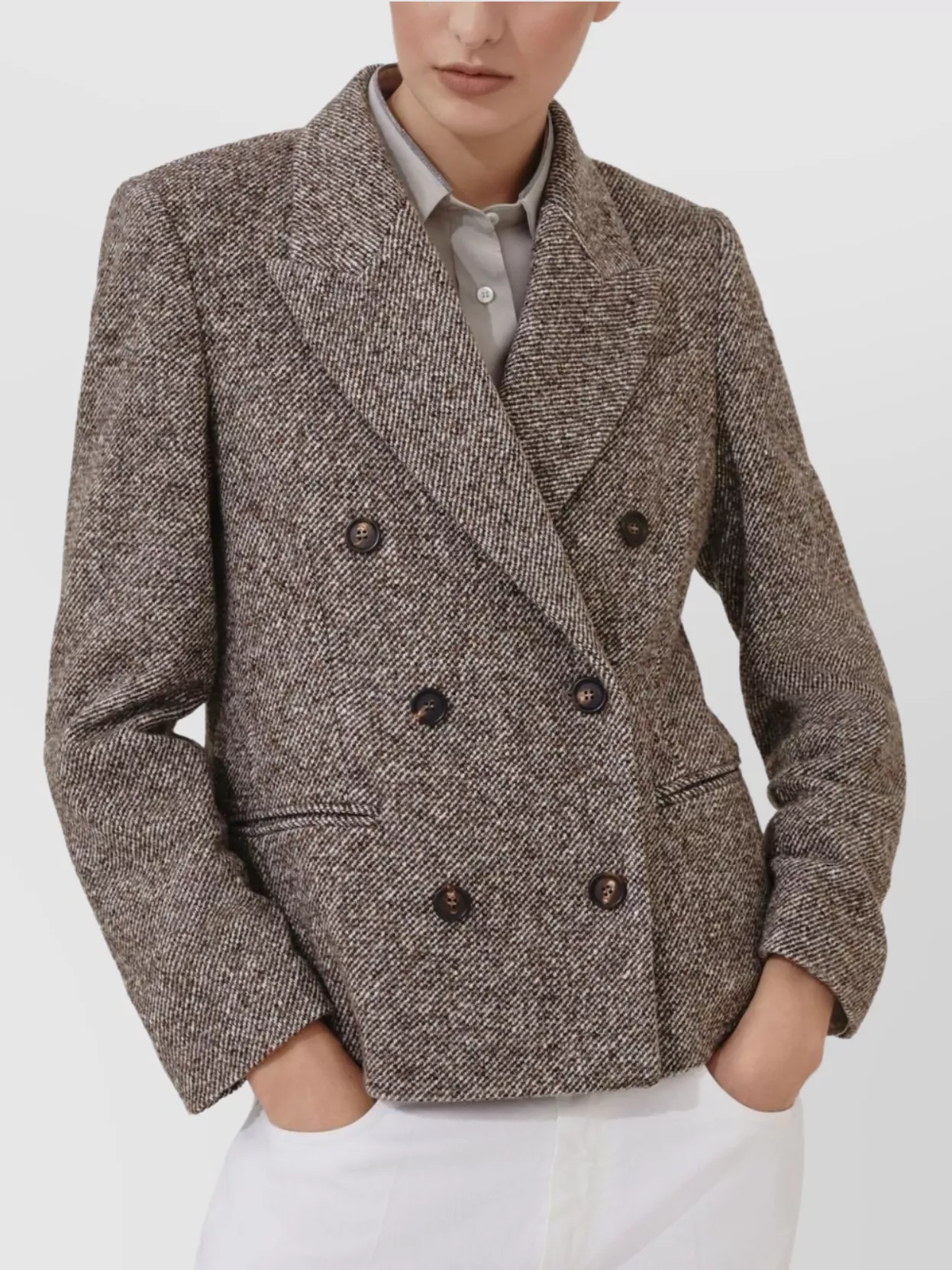 Brunello Cucinelli Wool Double-breasted Jacket With Front Pockets In Brown