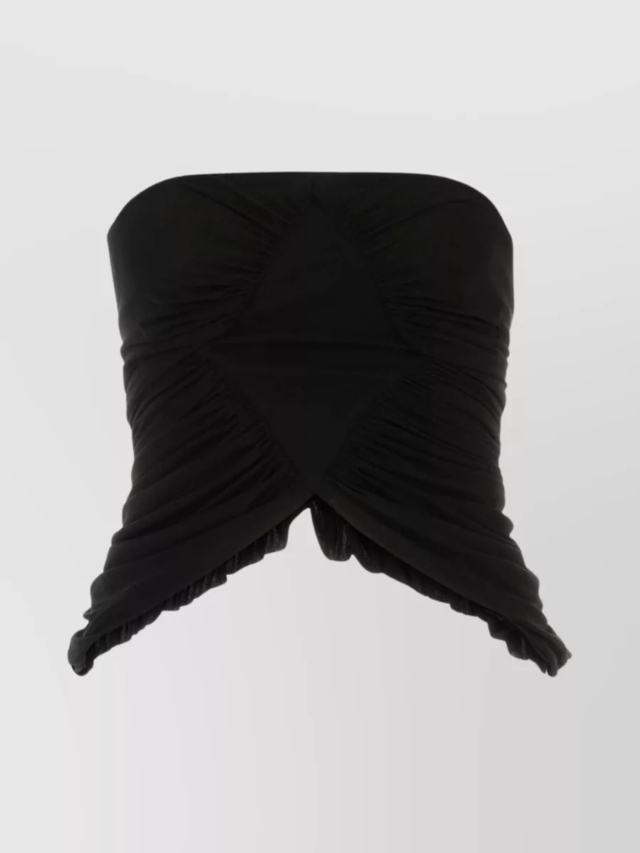 Shop Saint Laurent Cupro Strapless Top With Ruched Asymmetric Hem In Black
