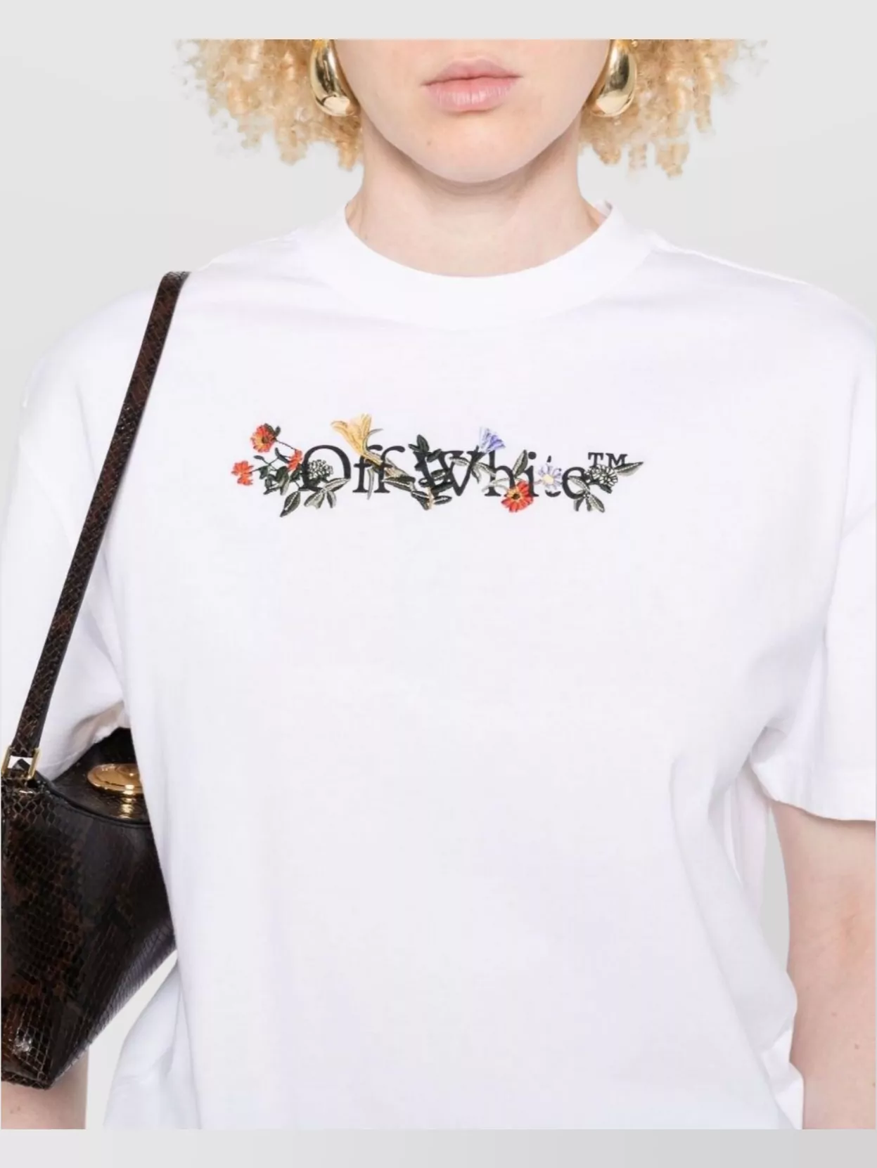 Off-White Floral Embroidery Cotton Crew Neck T-Shirt