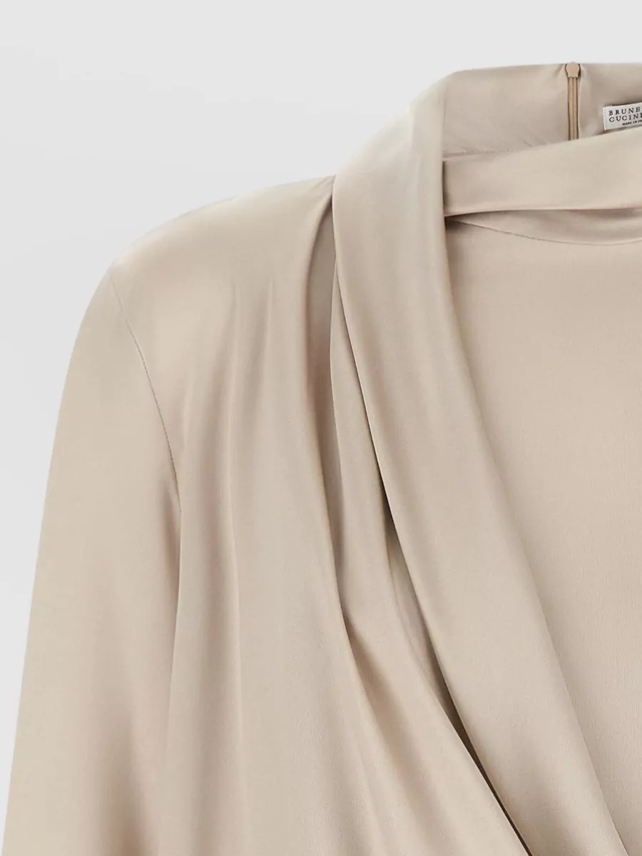 Brunello Cucinelli Silk Asymmetric Draped High Neck Blouse