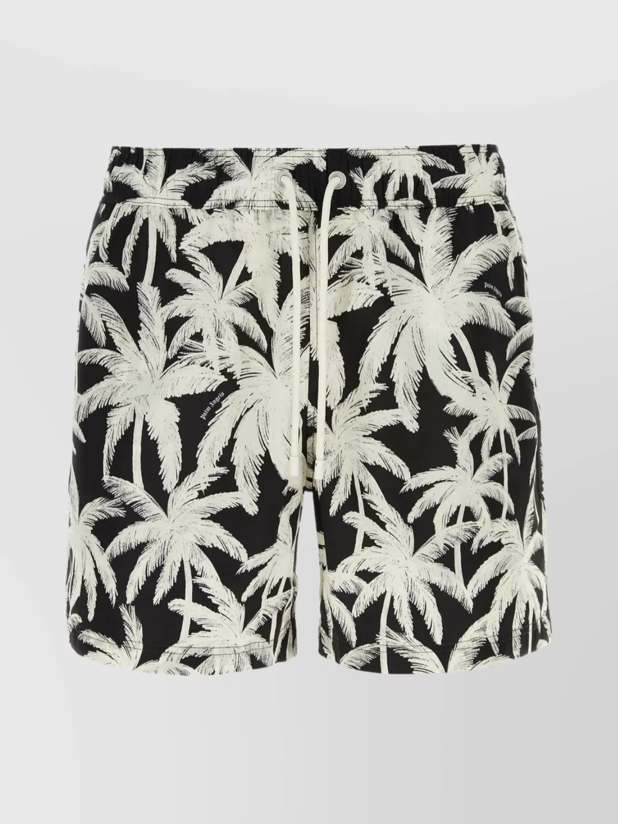 Shop Palm Angels Drawstring Waist Swim Shorts With Palm Print