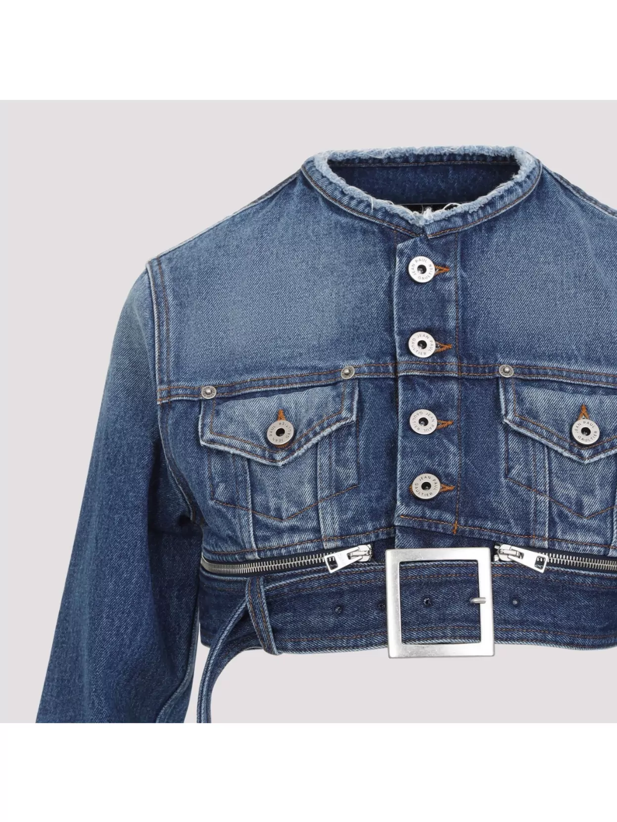 Jean Paul Gaultier Short Belted Denim Jacket In Blue