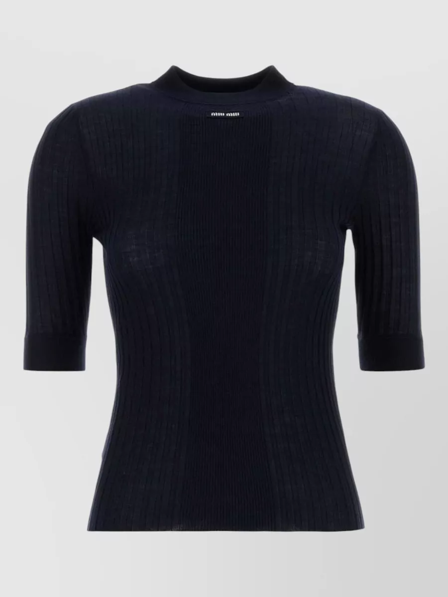 Miu Miu Wool Top With Crew Neck And Short Sleeves In Blue