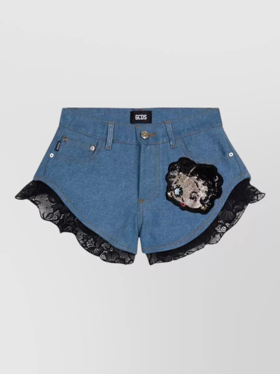 Gcds High-Rise Lace-Trim Denim Mini Shorts