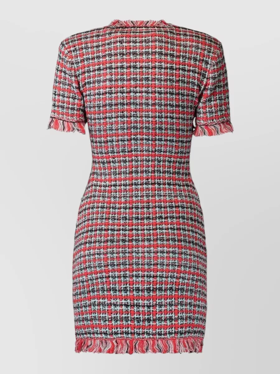 Self-Portrait Checked Frayed Knit V-Neck Mini Dress