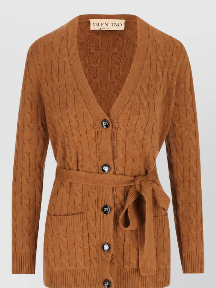 Valentino Garavani Cashmere Ribbed V-Neck Belted Cardigan