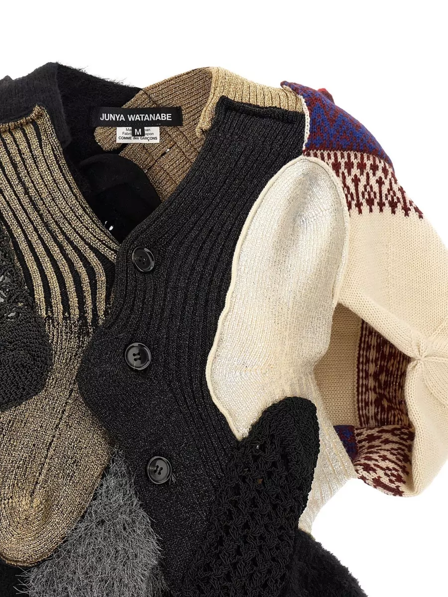 Junya Watanabe Wool Patchwork Asymmetric Studded Cardigan