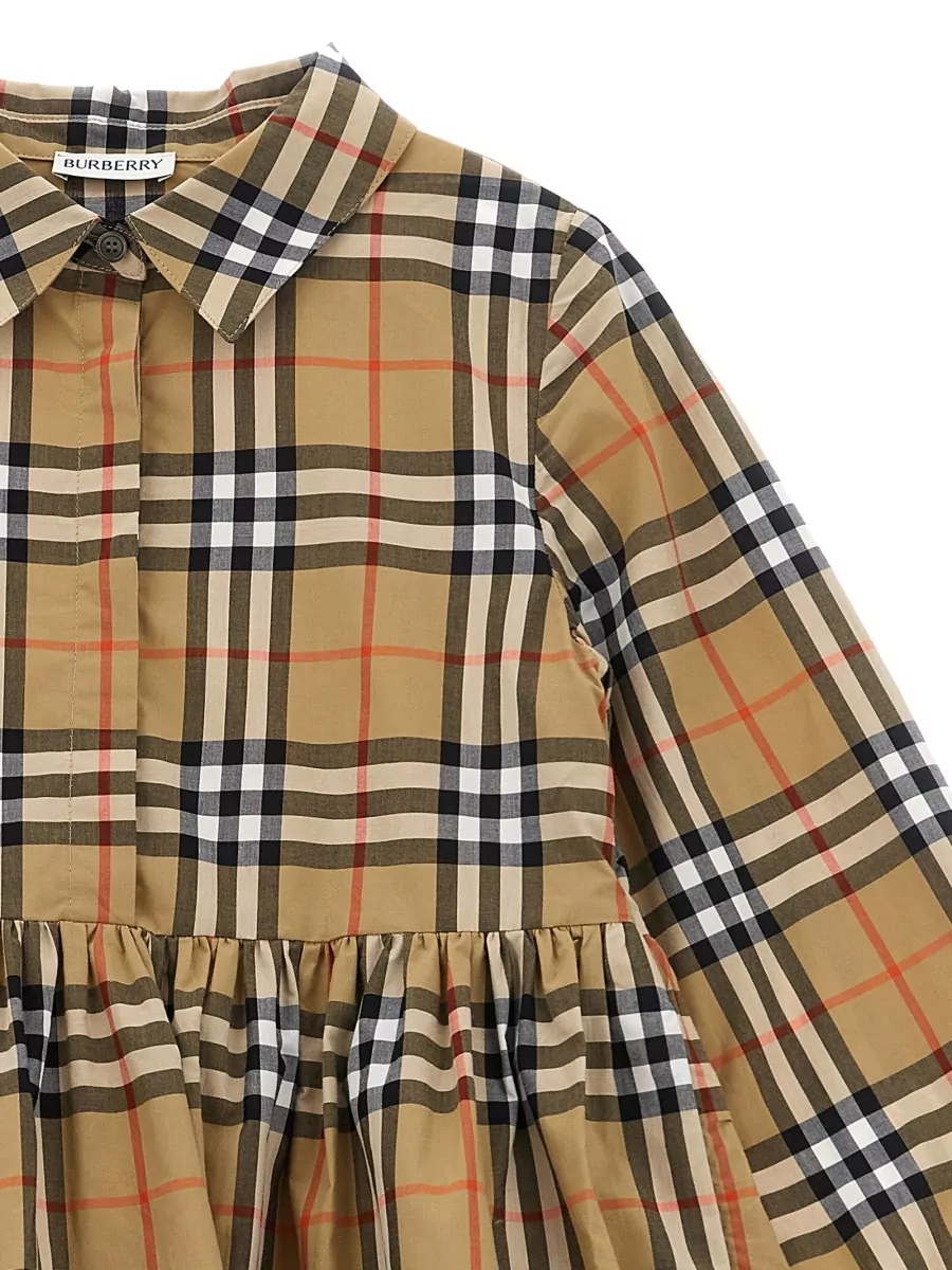 Burberry Cotton Checked Long-Sleeve Knee-Length Dress