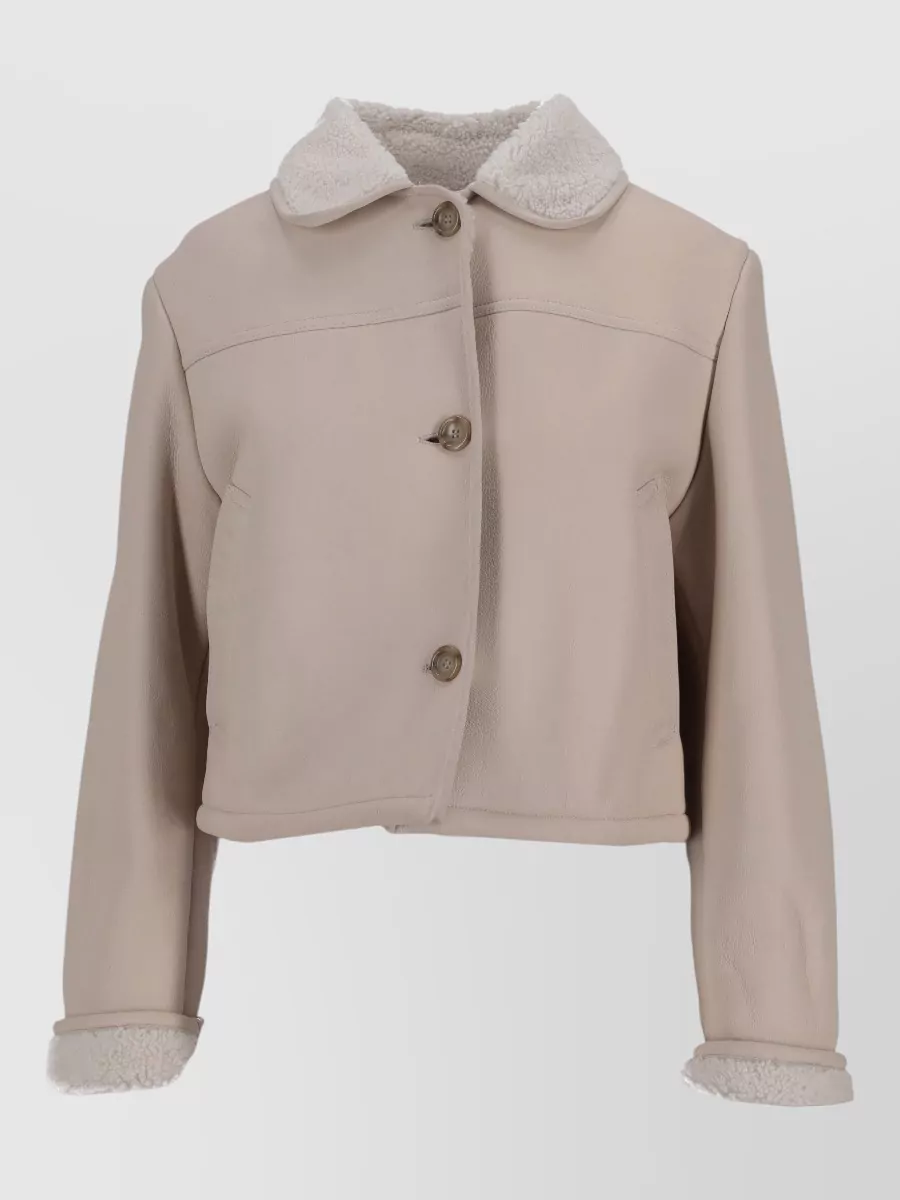 La Rose Cropped Shearling Collar Leather Jacket In Neutral