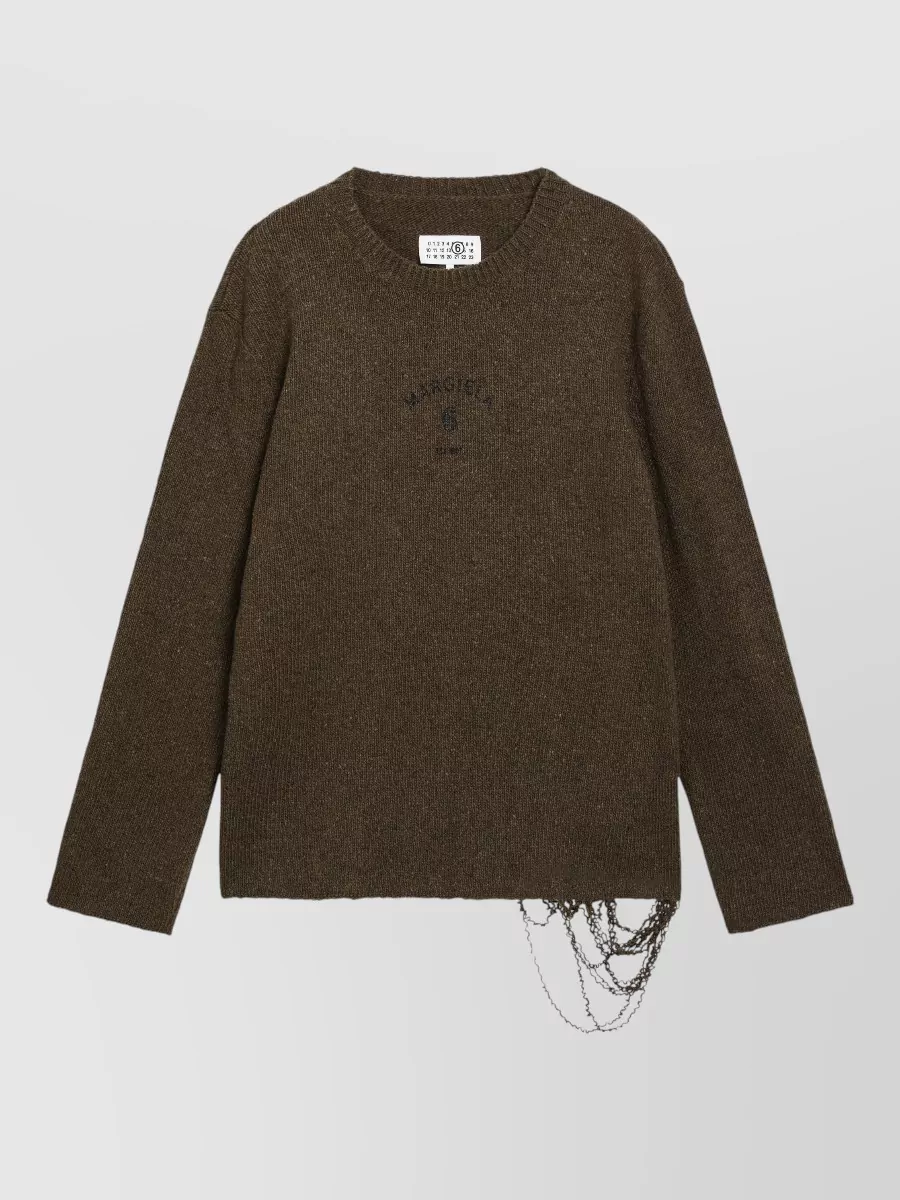 Mm6 Maison Margiela Wool crewneck sweater — The Mm6 olive-brown knit keeps the palette moody and aligns with the Gucci runner’s forest stripe while the subtle chain detail leans into elevated streetwear without competing with the shoes.