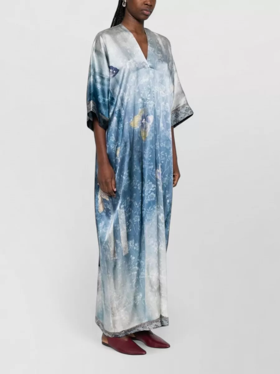 Pierre Louise Mascia Silk Butterfly Print V-Neck Short-Sleeve Maxi Dress