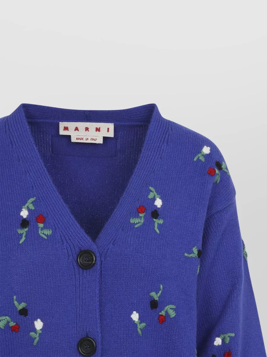 Marni Cashmere Wool Floral Embroidered Ribbed V-Neck Cardigan