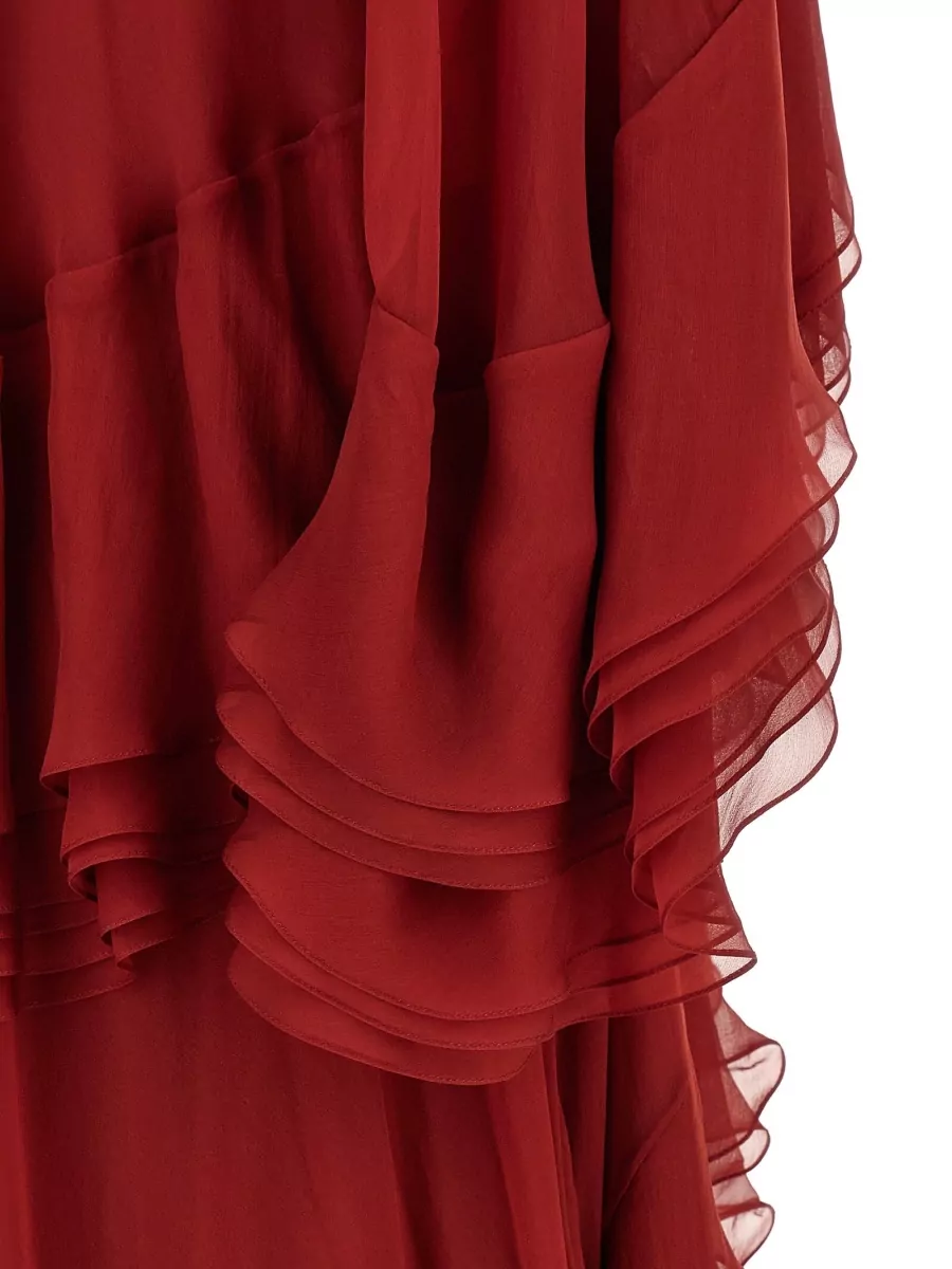 Alberta Ferretti Silk Ruffled High Neck Long Sleeve Maxi Dress