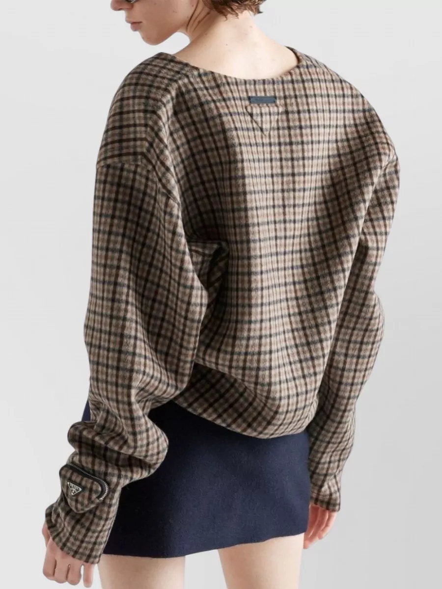 Prada V Neck Knitwear Check Pattern Zip Pocket