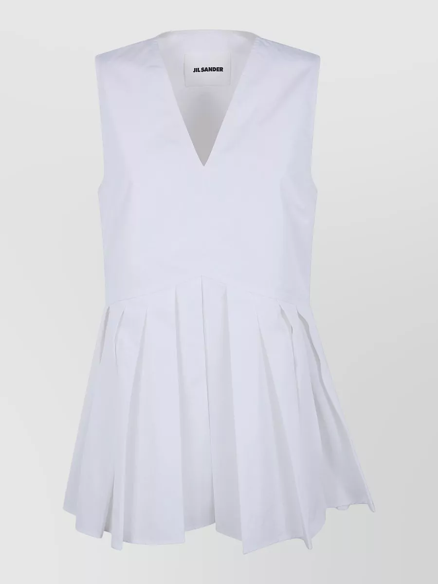 Jil Sander Sleeveless V Neck Top Flared Hem Pleated