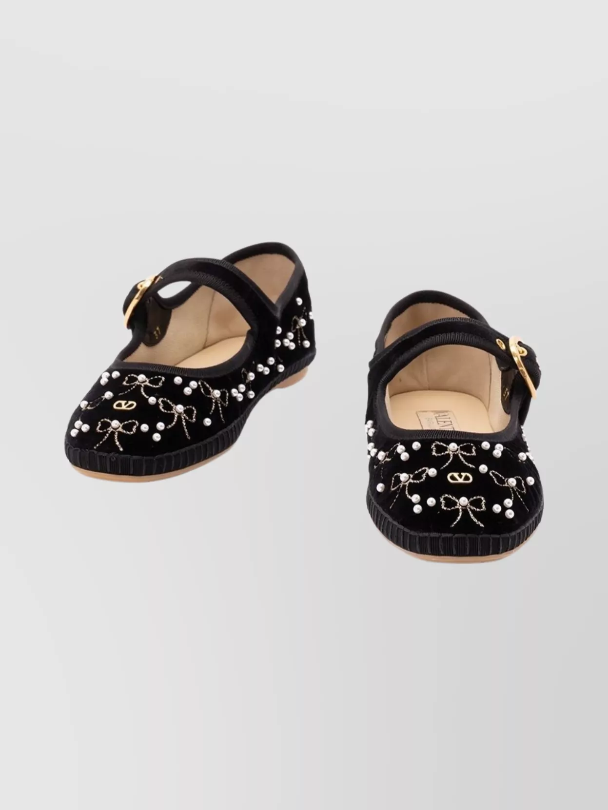 Valentino Endouce Embellished Grosgrain-trimmed Velvet Mary Jane Ballet Flats In Black