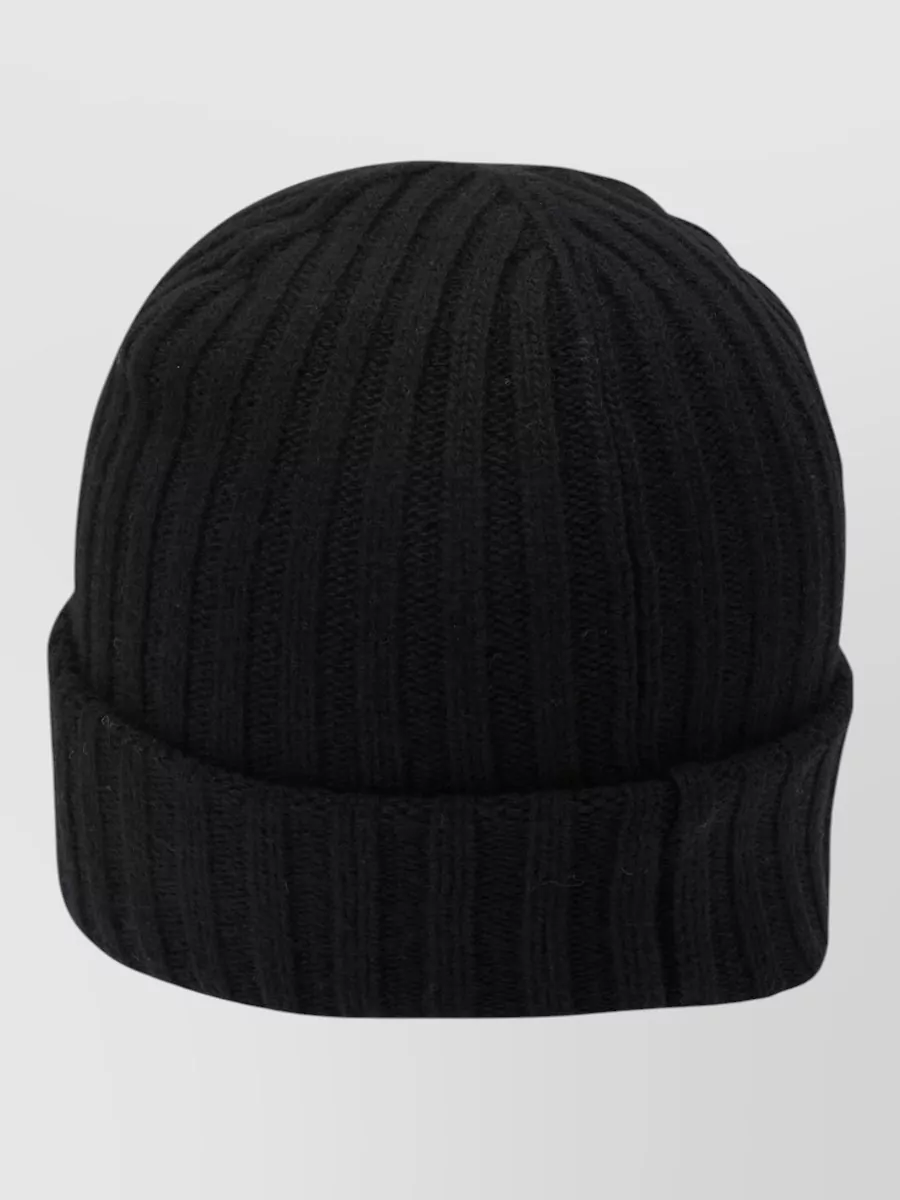 Ganni Wool Blend Beanie Hat Ribbed Cuff In Black