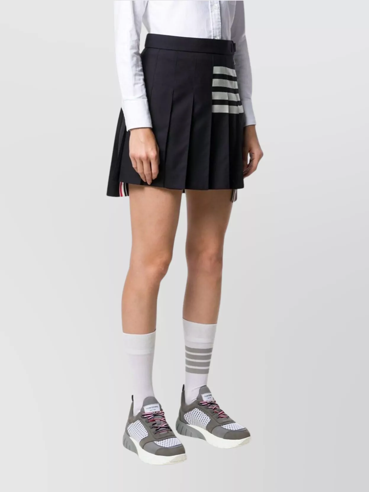 Thom Browne Back Pleated Mini Skirt With Striped Detail In Black