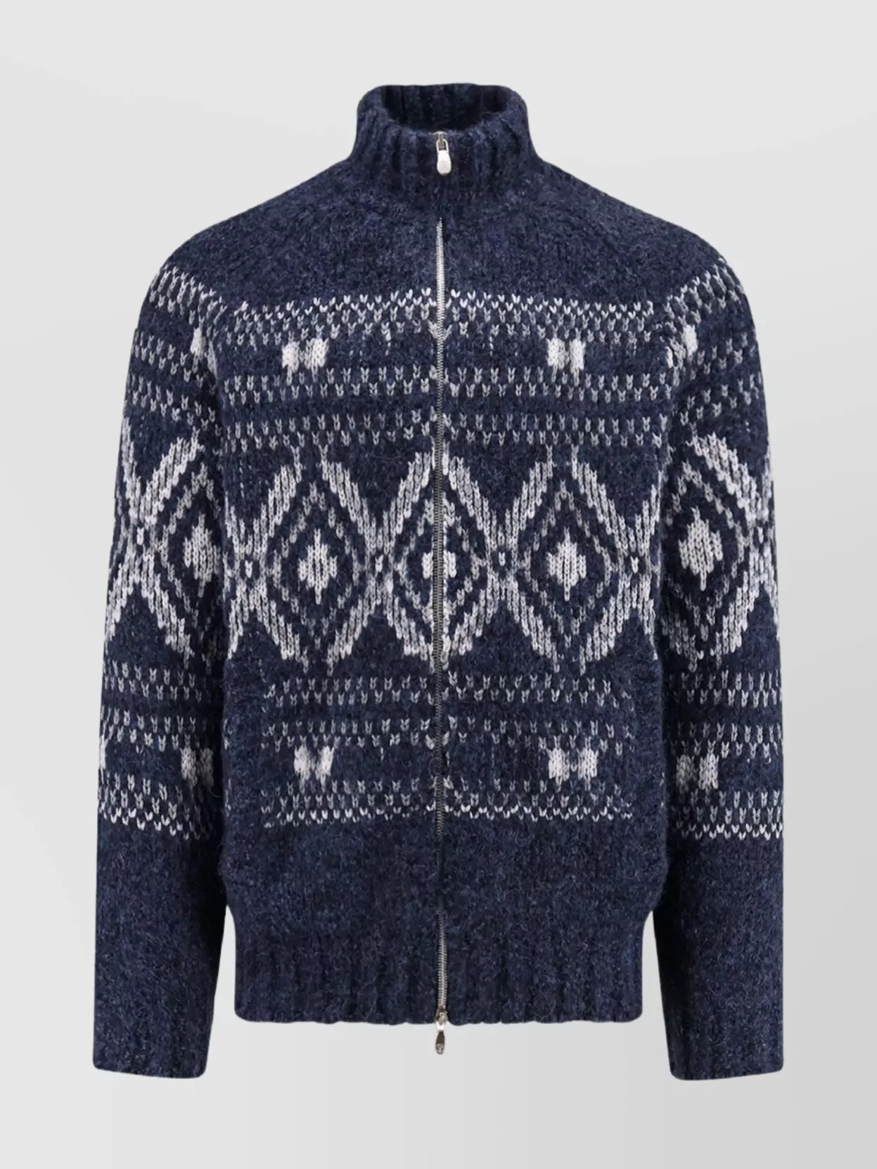 Brunello Cucinelli Geometric Jacquard Cardigan In Wool And Cashmere In Blue