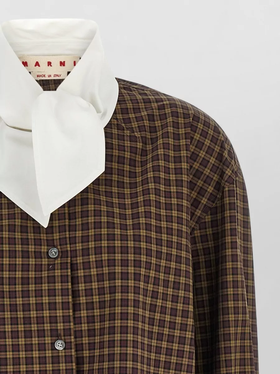 Marni Embroidered Check Cotton Scarf Collar Oversized Shirt