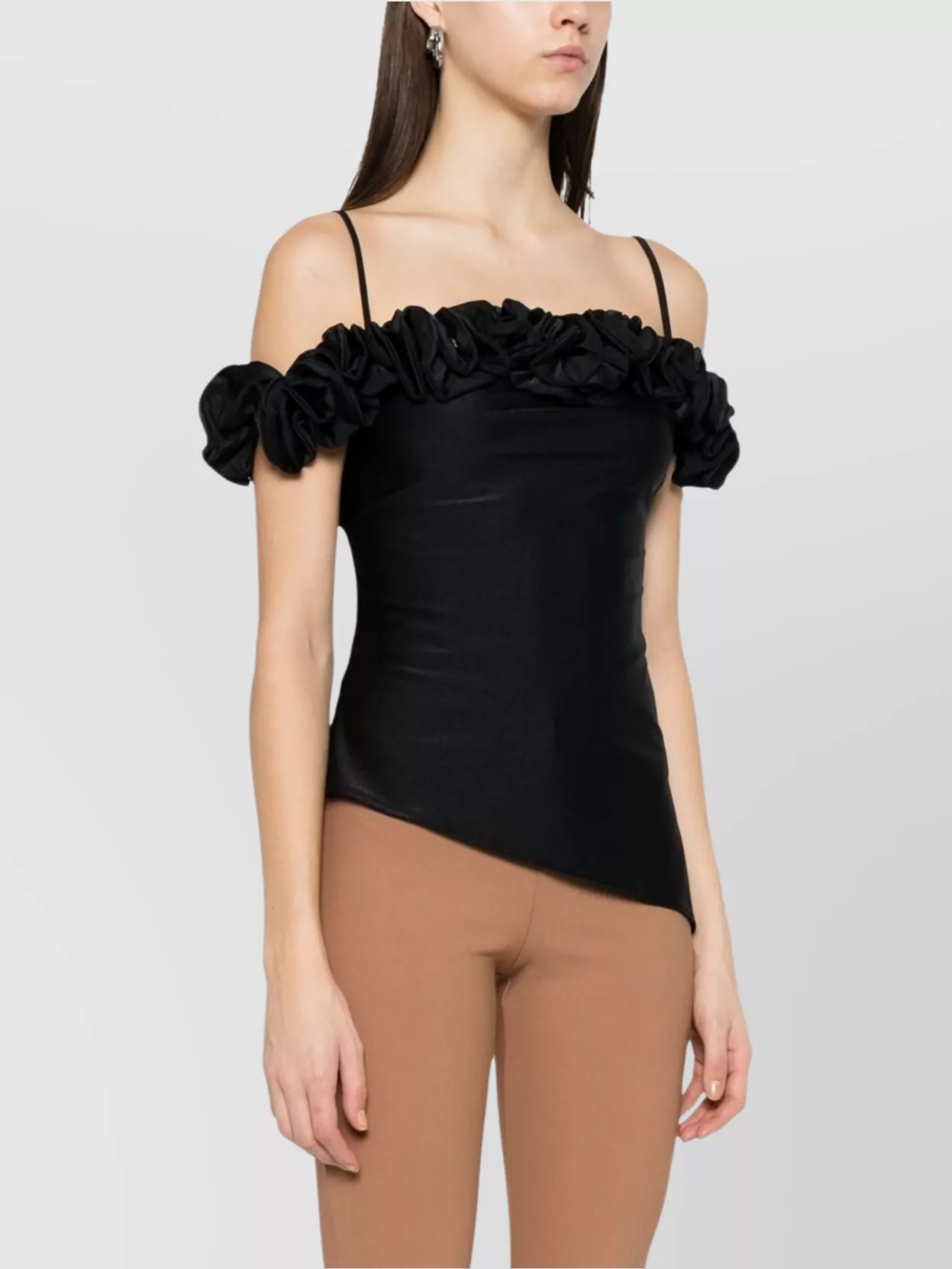 Coperni Asymmetric Off-Shoulder Ruffled Spaghetti Straps Top