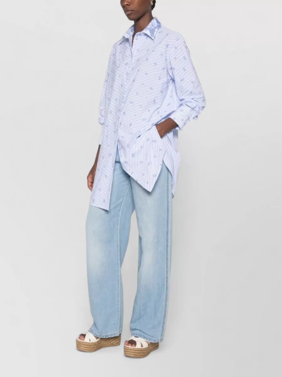Ermanno Scervino Cotton Oversized Striped Lace Collar Shirt Dress