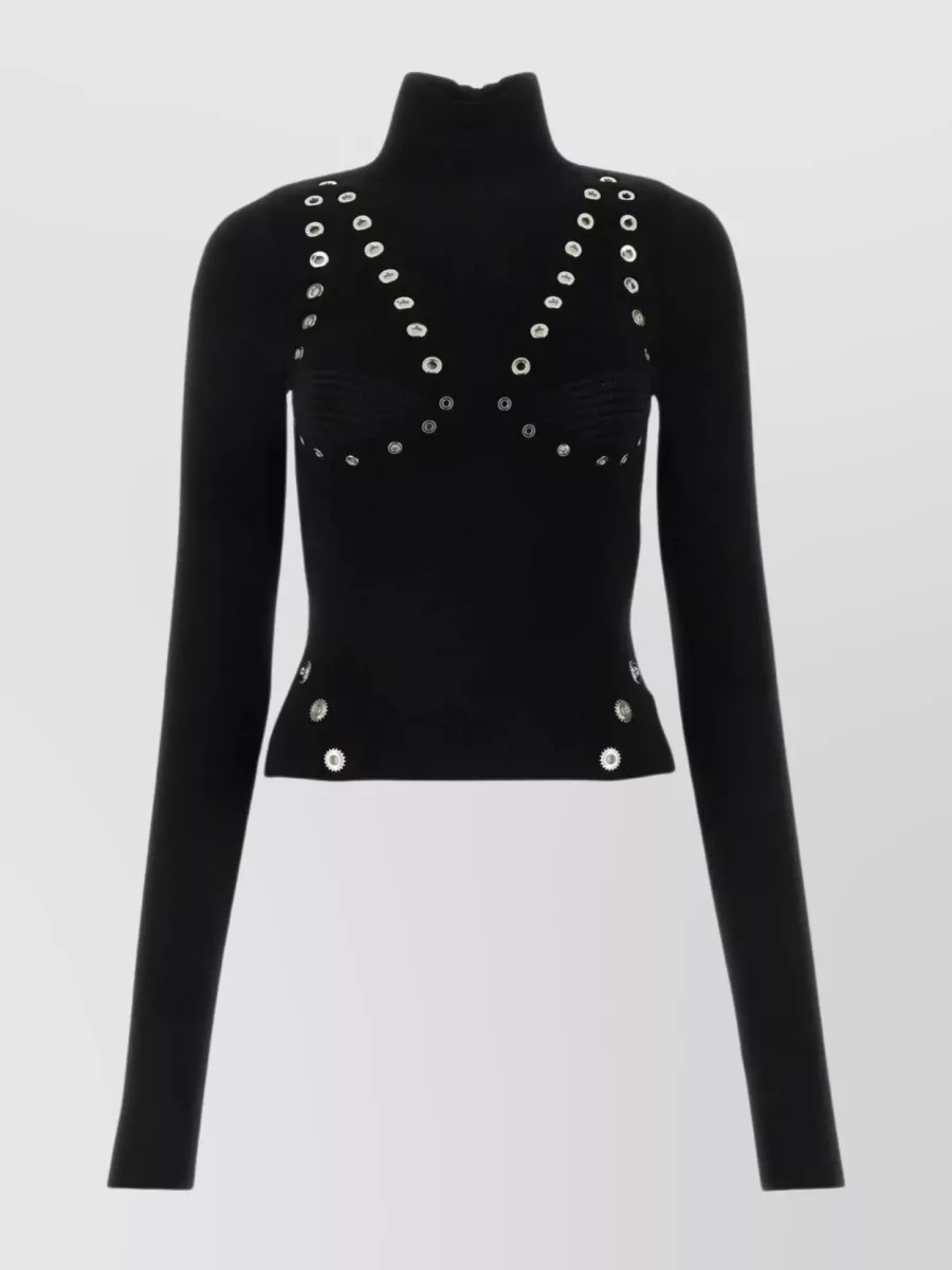 Shop Off-white Fitted Turtleneck Top With Ribbed Cuffs And Metallic Embellishments In Black