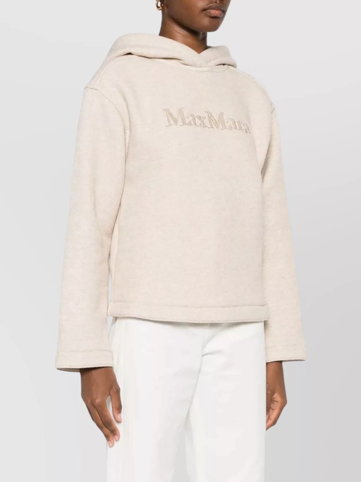 Max Mara Logo Cotton Hoodie With Classic Hood And Ribbed Finish In White