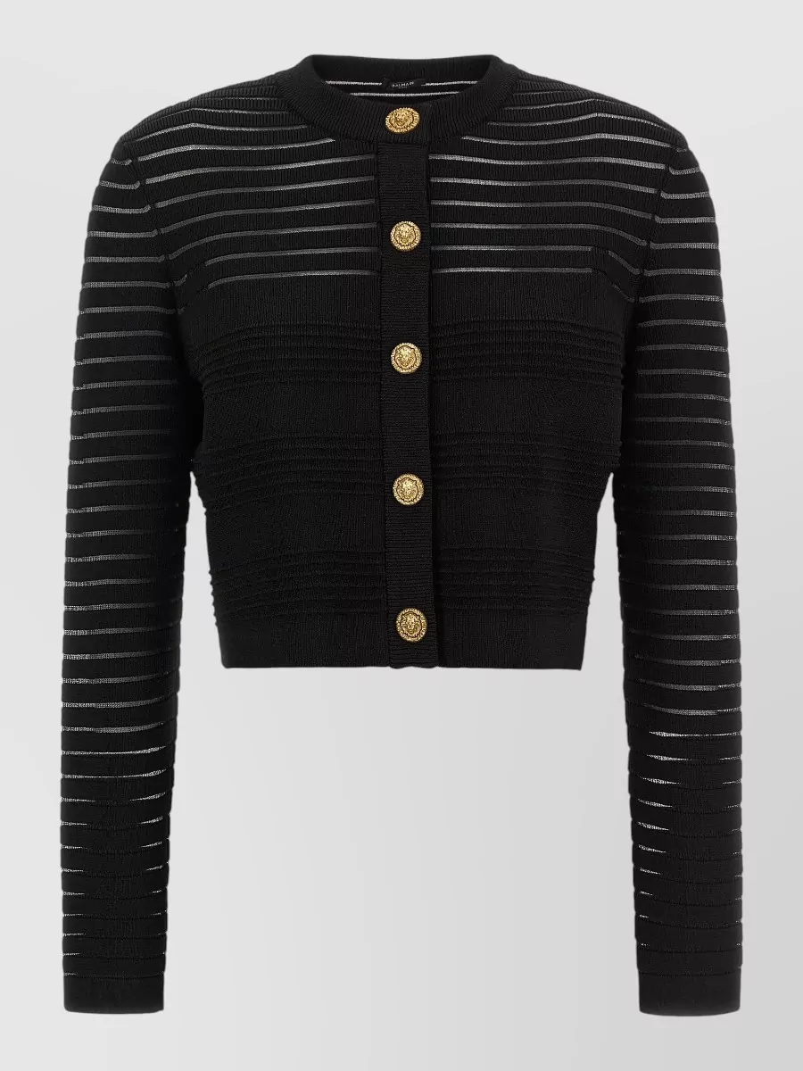 Balmain semi-sheer striped cropped round-neck long-sleeve cardigan