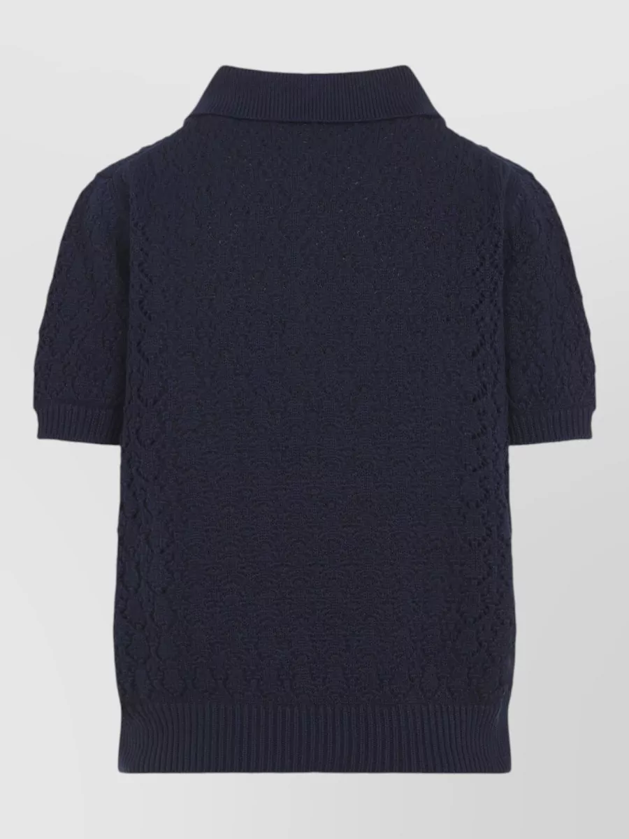 Miu Miu Openwork Lace-Knit Cotton Short-Sleeve Polo Shirt